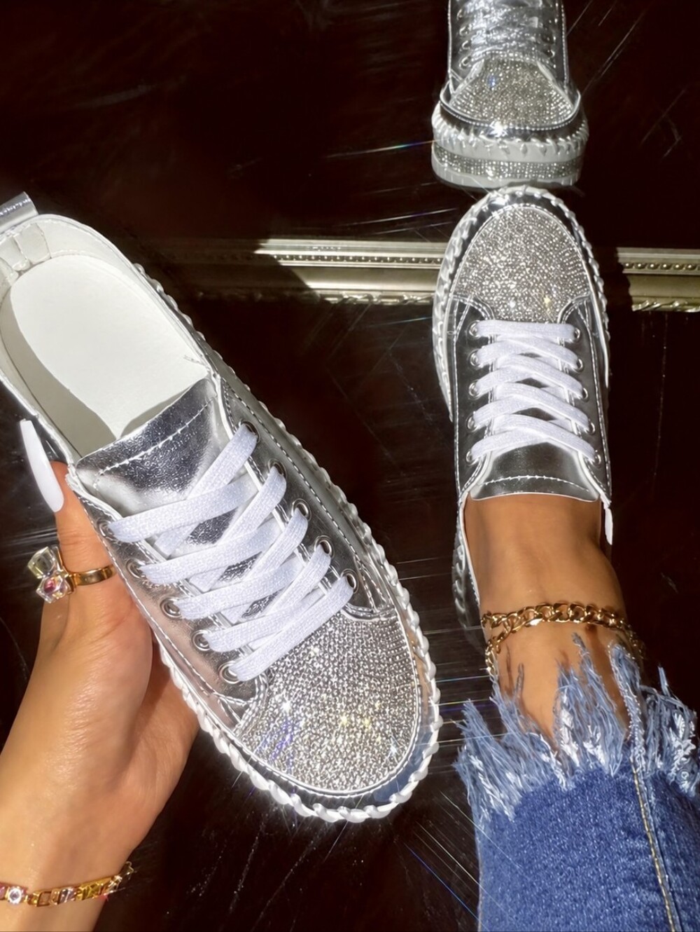 Women's Silver Rhinestone Platform Metallic Sneakers